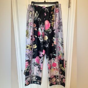 Victoria's Secret Black Floral Wide-Leg Lounge Pants with Pink Drawstring